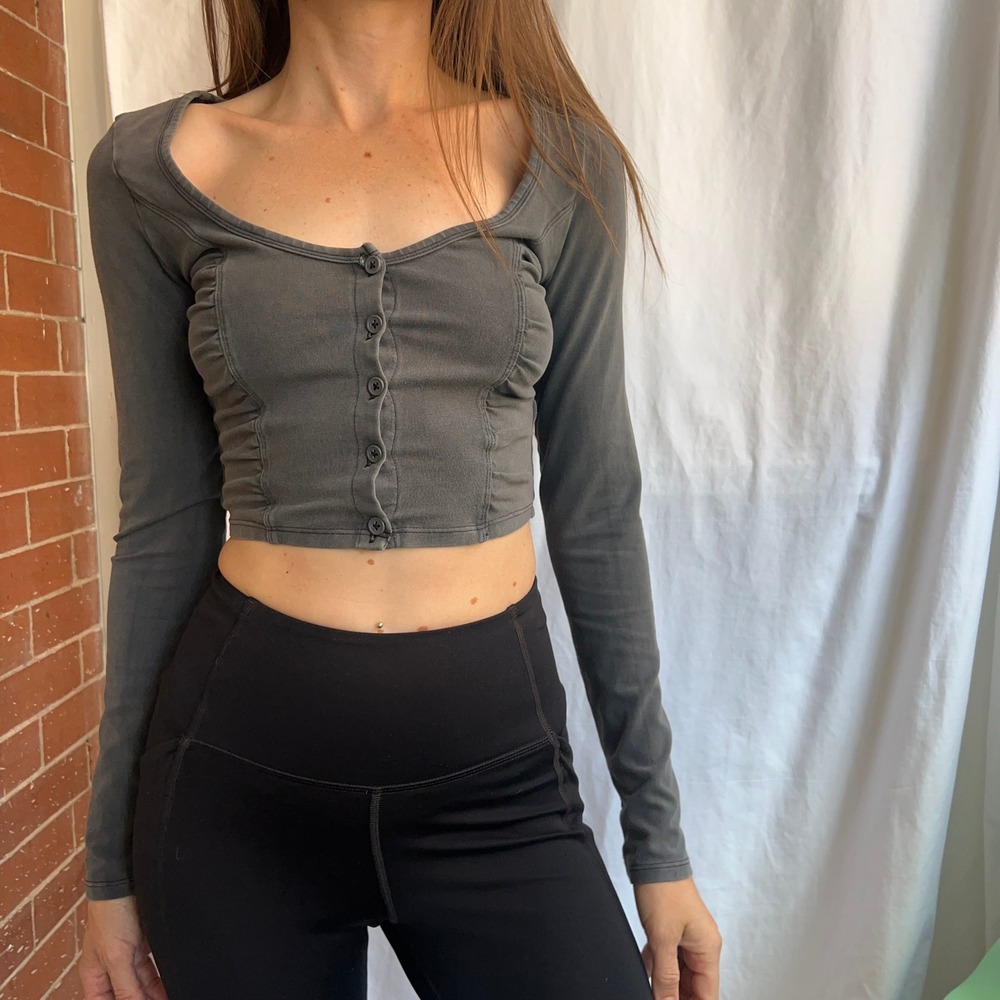 Urban Outfitters Out From Under Grey Ruched Button Front Crop Top Small